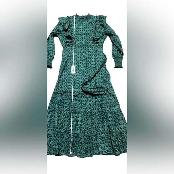 A Loves A Voile Lattice Print Cotton Long Sleeve Ruffle Maxi Dress SZ L Green - Picture 12 of 12
